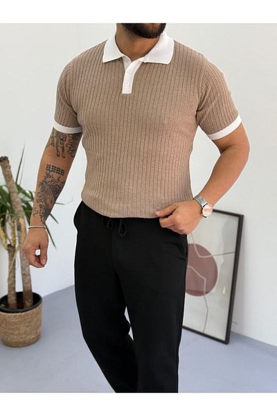 Combineman35 Men's 100% Cotton Collar and Sleeve Detailed Knitwear Polo Neck Short Sleeve Tshirt