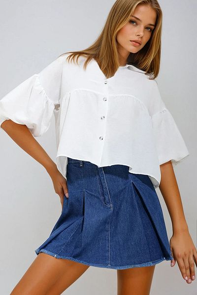 VAGGON Γυναικείο λευκό μπαλόνι μανίκι Roba Shirred Kubra Cotton Crop πουκάμισο Prmx11624