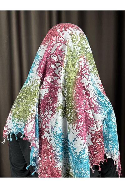 Sobe Hediyelik Coral Patterned Writing Scarf with Tassels on the Edge