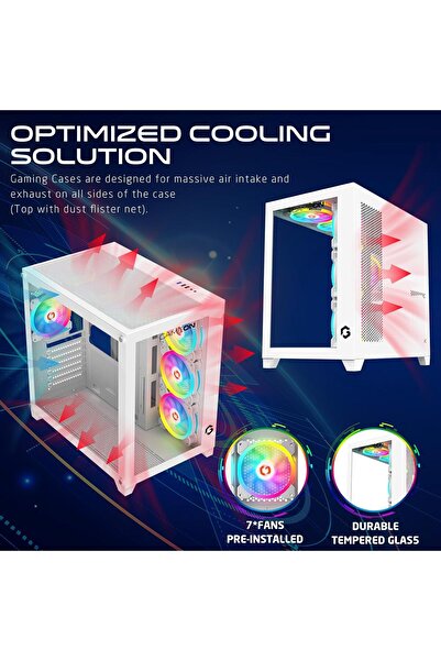 GAMEON Emperor Artic Series, Mid Tower Gaming Case, Dust Filters, Pre-installed 7 Cooling Fans, White