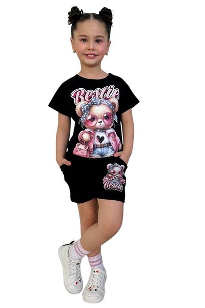 Lolliboomkids Set pantaloni scurți pentru fete - Tricou și pantaloni scurți cu ursuleț de culoare neagră