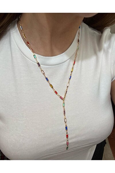 Akiha Aksesuar Y Model Altın Kaplama Dikdörtgen Renkli Taşlı "el Yapımı" Pint...