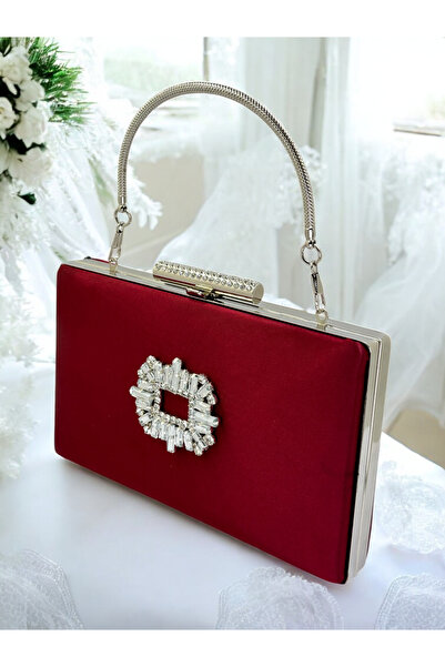 MidStore Burgundy Crystal Stone Metal Handle Satin Women's Evening Bag Evenin...