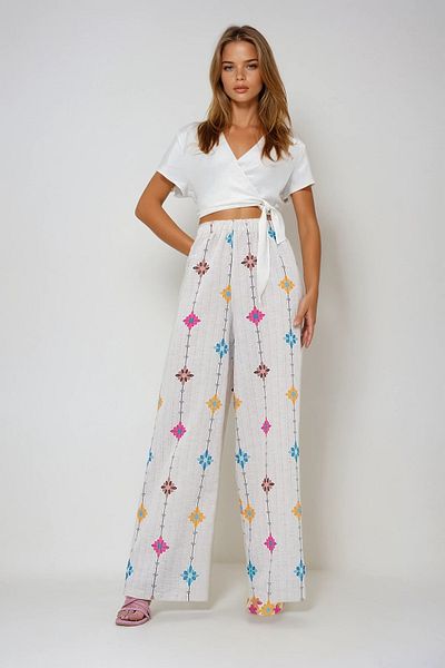 VAGGON Women's Lilac Floral Patterned Linen Trousers with Elastic Waist Prmx13632