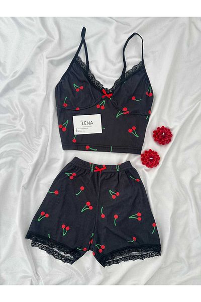 Lena Homewears Set pijamale de damă cu model cireșe și pantaloni scurți