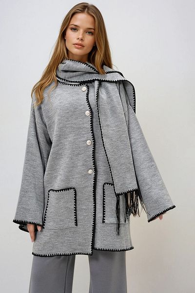 VAGGON Women's Gray Double Pocket Shepherd Stitching Detailed Oversize Cardigan and Scarf Set Prmx13221
