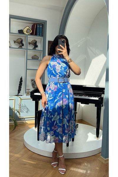 NIDAFASHION Halter Neck Belt Lined Chiffon Print Dress