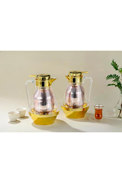 Generic Set of 2 tea and coffee thermoses, gold with a transparent finish and...