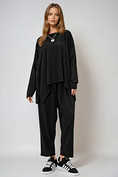 VAGGON Women's Black Crew Neck Asymmetrical Cut Oversized Two Thread Sweatshirt and Pants Set Prmx13263