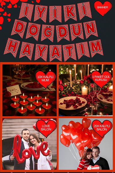 Baloncu Dede Heart Balloon Heart Candle Banner Love Foil Balloon Dusty Rose Set Valentine's Day Dear Birthday