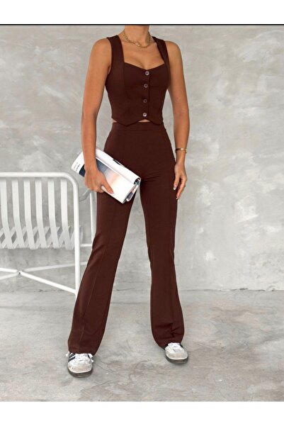 Butik Merrline Жіночий коричневий жакардовий костюм з жилеткою, високою талією та широкими штанинами