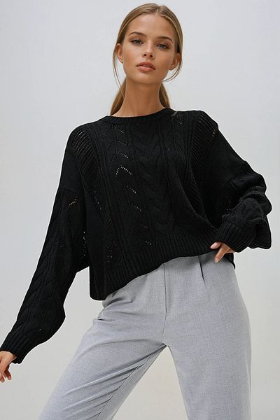 VAGGON Pulover crop pentru femei, negru, cu decolteu rotund, cu model picior de gală, tricotaje Prmx13136
