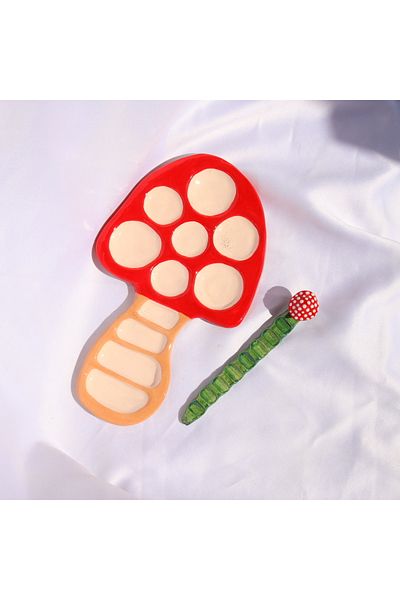 Lily & Loly Ceramics Hand Earn Ceramic Mushroom Painting Palette & Green Brush Holder 2 Pic Set 10Cm*20Cm