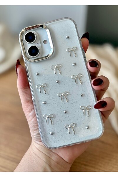 MİRAZ TASARIM حافظة شفافة لهاتف آيفون 16 مزخرفة بفيونكة ثلاثية الأبعاد من الإ...