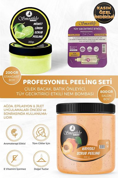 Smoothly Epilation, Ingrown Hair Peeling After Waxing 1kg Set Apricot Peeling 800ml + Lotus 200ml + Moisture Bomb