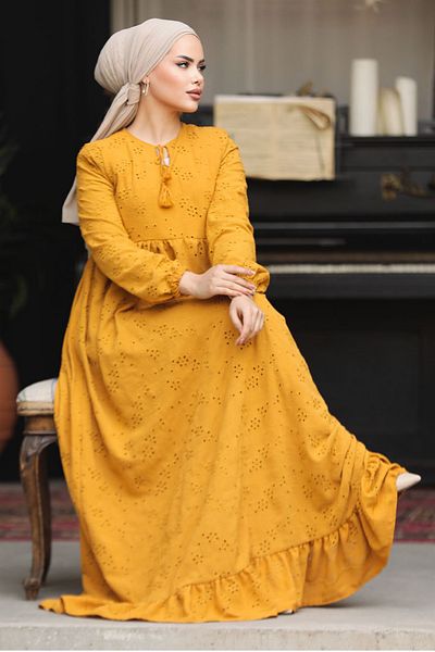 Neva Style Guipure Mustard Hijab Dress 23201HR