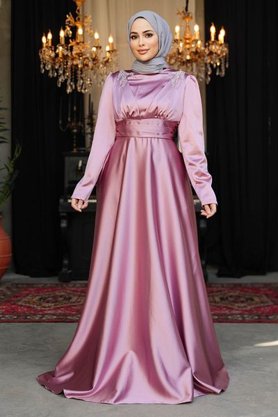 Neva Style Dusty Rose Hijab Satin Evening Dress with Bead Detail 25880Gk
