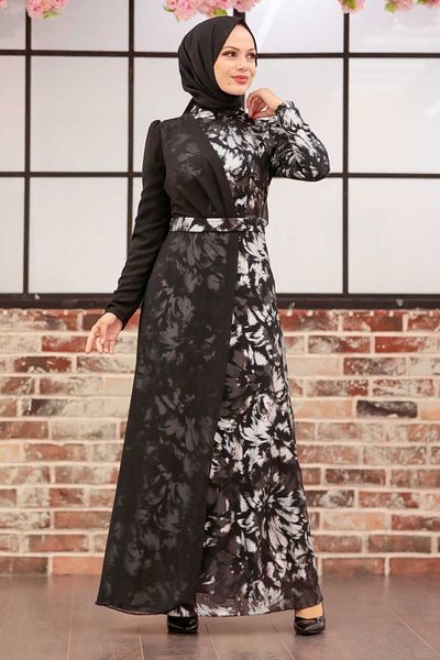 Neva Style فستان سهرة حجاب - فستان سهرة حجاب فضي منقوش 32431 جم