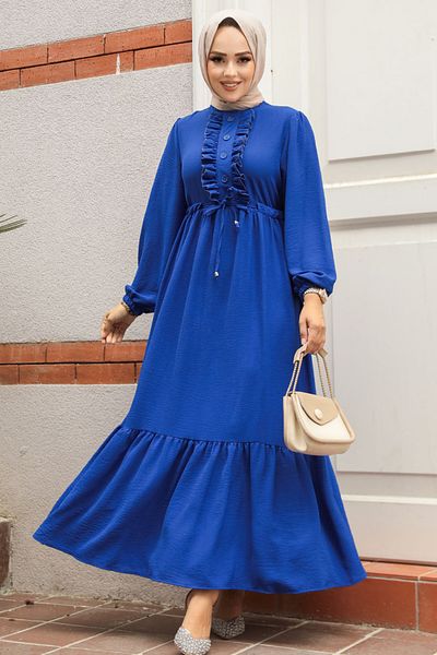 Neva Style Rochie Hijab Albastru Sax - Detaliu Volanat, Model 6731SX