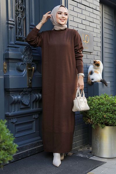 Neva Style Καφέ Πλεκτό Φόρεμα Hijab 3409kh