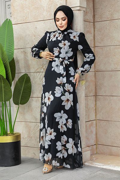 Neva Style - Rochie Hijab Neagră cu Motiv Floral 27946s