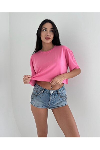 Moda Küpü Women's Crew Neck Basic Crop T-shirt