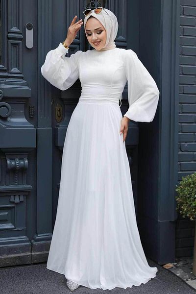 Neva Style Βραδινό φόρεμα Hijab με μανίκια εκρού 5470e