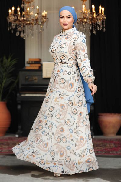 Neva Style Rochie Hijab Ecru cu Motiv Floral 279326 e