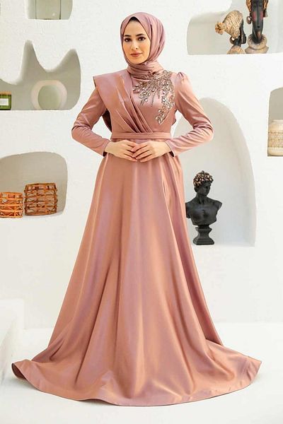 Neva Style Βραδινό φόρεμα με κεντημένο με χάντρες Dusty Rose Hijab 22441gk