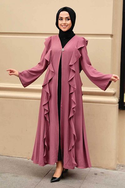 Neva Style Ruffle Detailed Rose Dried Hijab Abaya 15402Gk