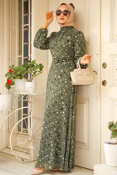 Neva Style فستان حجاب كاكي منقط 279065 هونج كونج