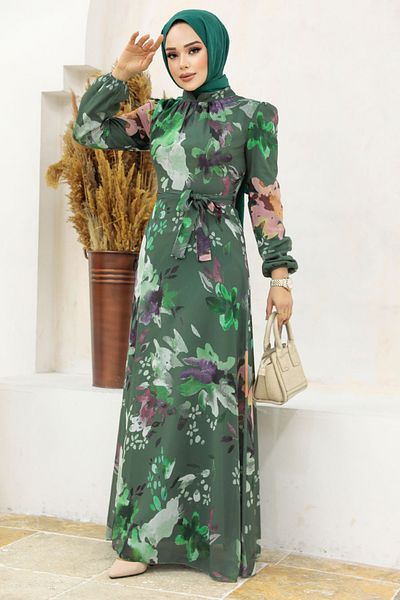 Neva Style Rochie hijab kaki cu modele florale 27942hk