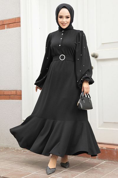 Neva Style Rochie de seara cu hijab - Rochie de seara creponata neagra cu margele 30022s
