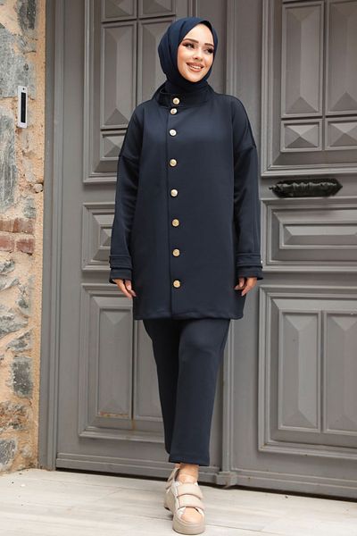 Neva Style طقم حجاب مزدوج باللون الأزرق الداكن - زر، 12391L