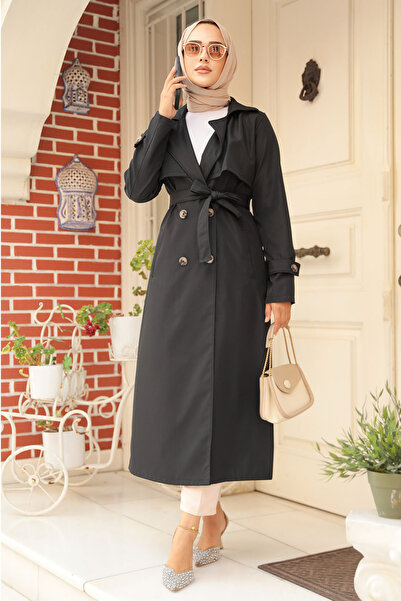 Neva Style Buttoned Black Hijab Trench Coat 6103S