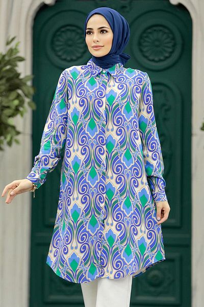 Neva Style منقوشة النيلي الأزرق الحجاب فسكوزي تونك 11621ım