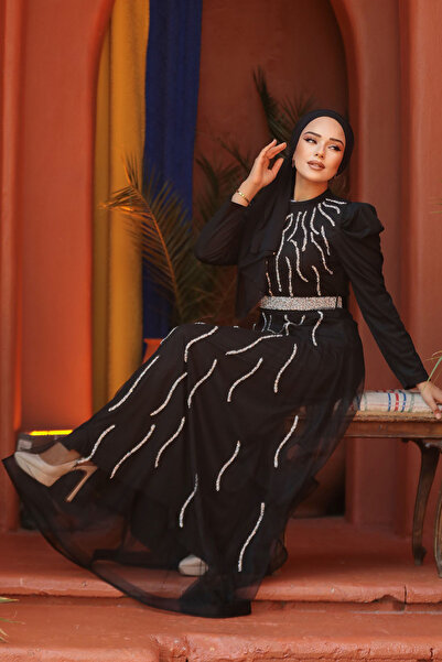 Neva Style Βραδινό φόρεμα με χάντρες μαύρο χιτζάμπ 51912S