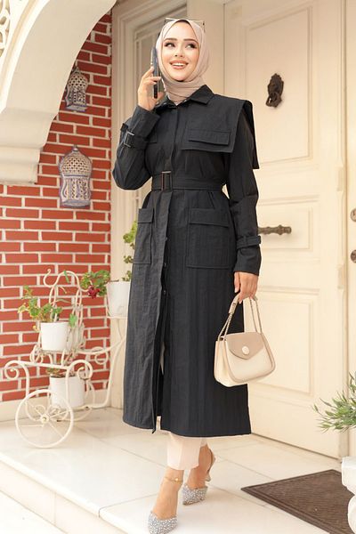 Neva Style Trenci negru Hijab - Detaliu guler marinar, 19023S