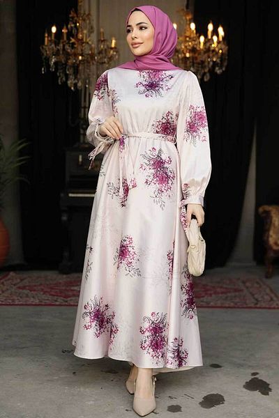 Neva Style Floral Patterned Plum Hijab Dress 60911MU