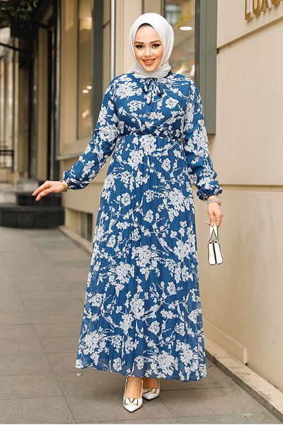 Neva Style Floral Patterned Petrol Blue Hijab Dress 50352PM