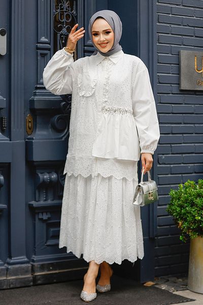 Neva Style Tunica Hijab cu dantela alba - 14261B