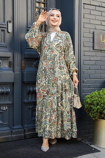 Neva Style فستان حجاب منقوش كاكي - 23585HK