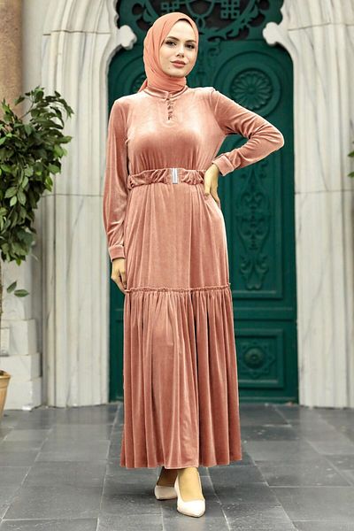 Neva Style Belted Powder Hijab Velvet Dress 36971Pd