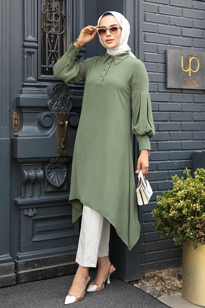 Neva Style تونيك حجاب كاكي فاتح بتفاصيل غير متماثلة 615ahk