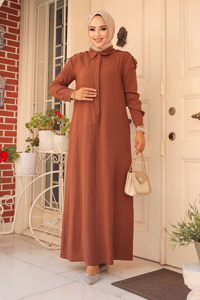 Neva Style Καφέ Φόρεμα Hijab - Λεπτομέρεια με κουμπί, Μοντέλο 12501KH