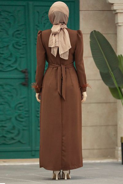 Neva Style Φόρεμα Hijab Καφέ με Λεπτομέρεια Φτερού 8791kh