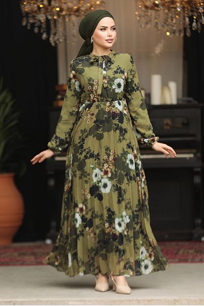Neva Style Rochie Hijab kaki cu imprimeu floral 22352HK