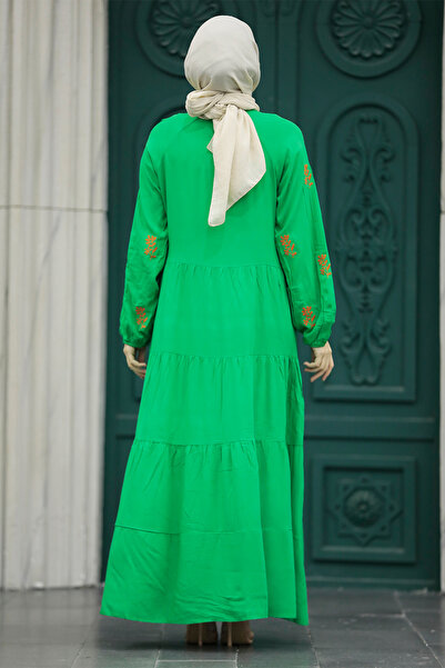 Neva Style Flower Detailed Green Hijab Dress 40110Y