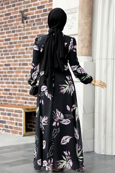 Neva Style Rochie neagră cu hijab cu modele florale 27949s
