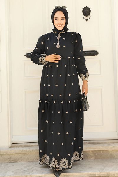 Neva Style - Rochie neagră cu hijab cu imprimeu floral 1381s